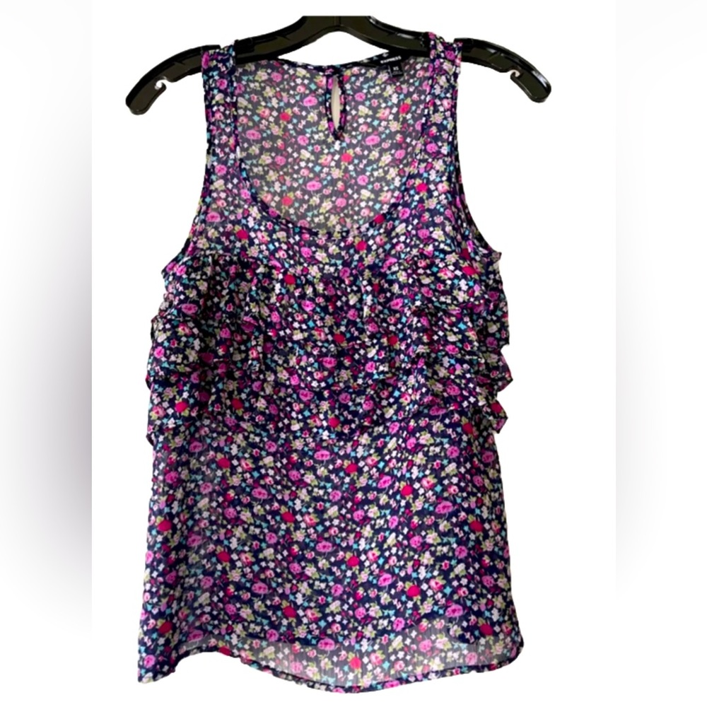 EUC Express Floral Sparkle Semi Sheer Sleeveless Ruffle Blouse Blue (Women's XS)